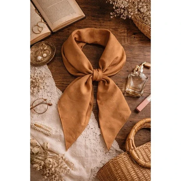 Vintage Brown Butterfly Jacquard Scarf Square Head Scarf Satin Feel Neutral Boho - Picture 6 of 6